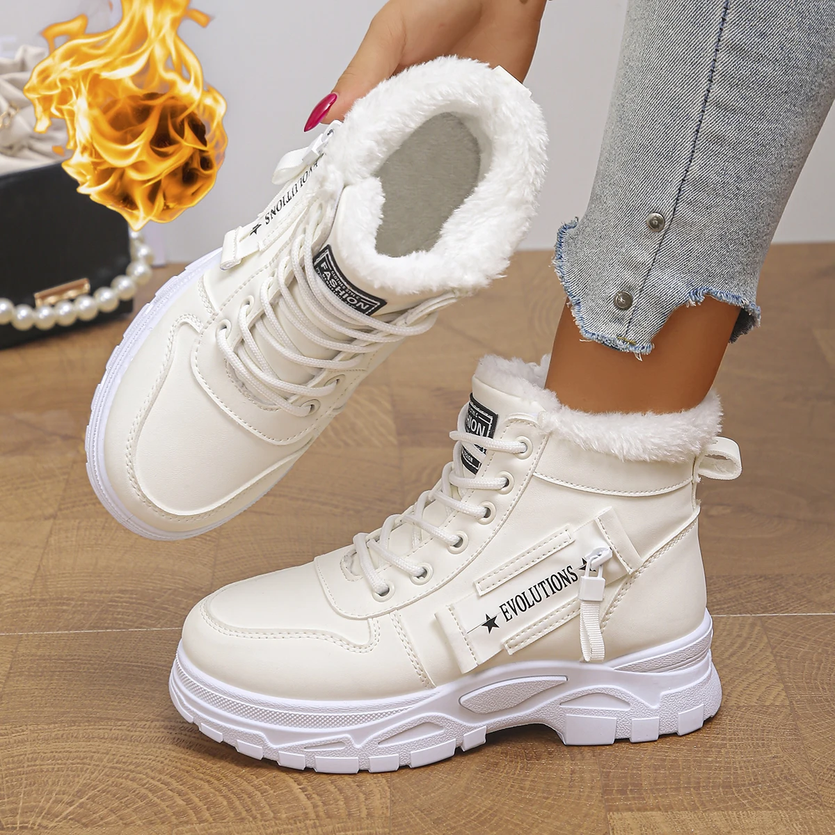 Women Snow Boots Casual Winter Shoes Platform Non-slip Warm Fur Ankle Boots Plush Combat Outdoor Hiking Motorcycle Boots