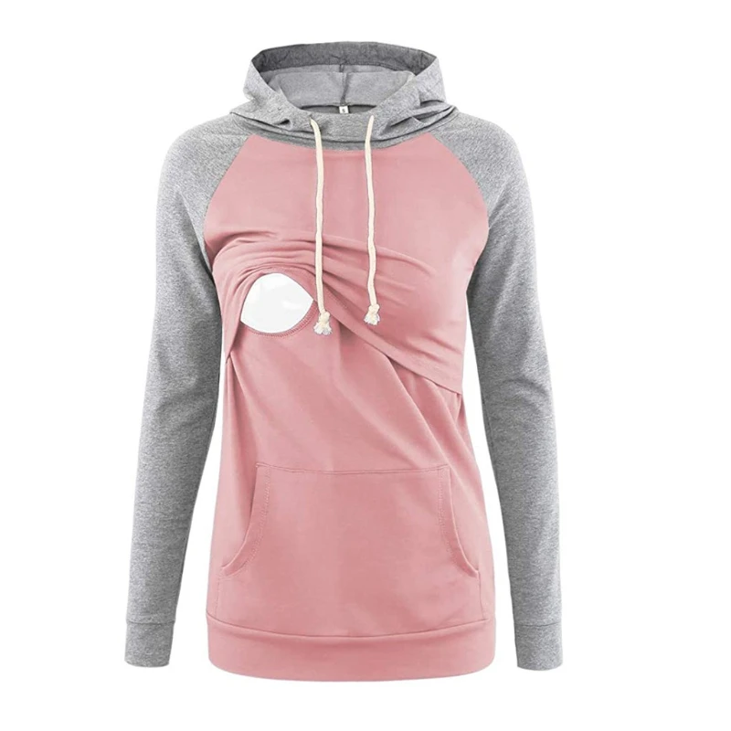 Autumn And Winter European And American Pregnant Women Hooded Long Sleeved Color Blocked Nursing Top Hoodie