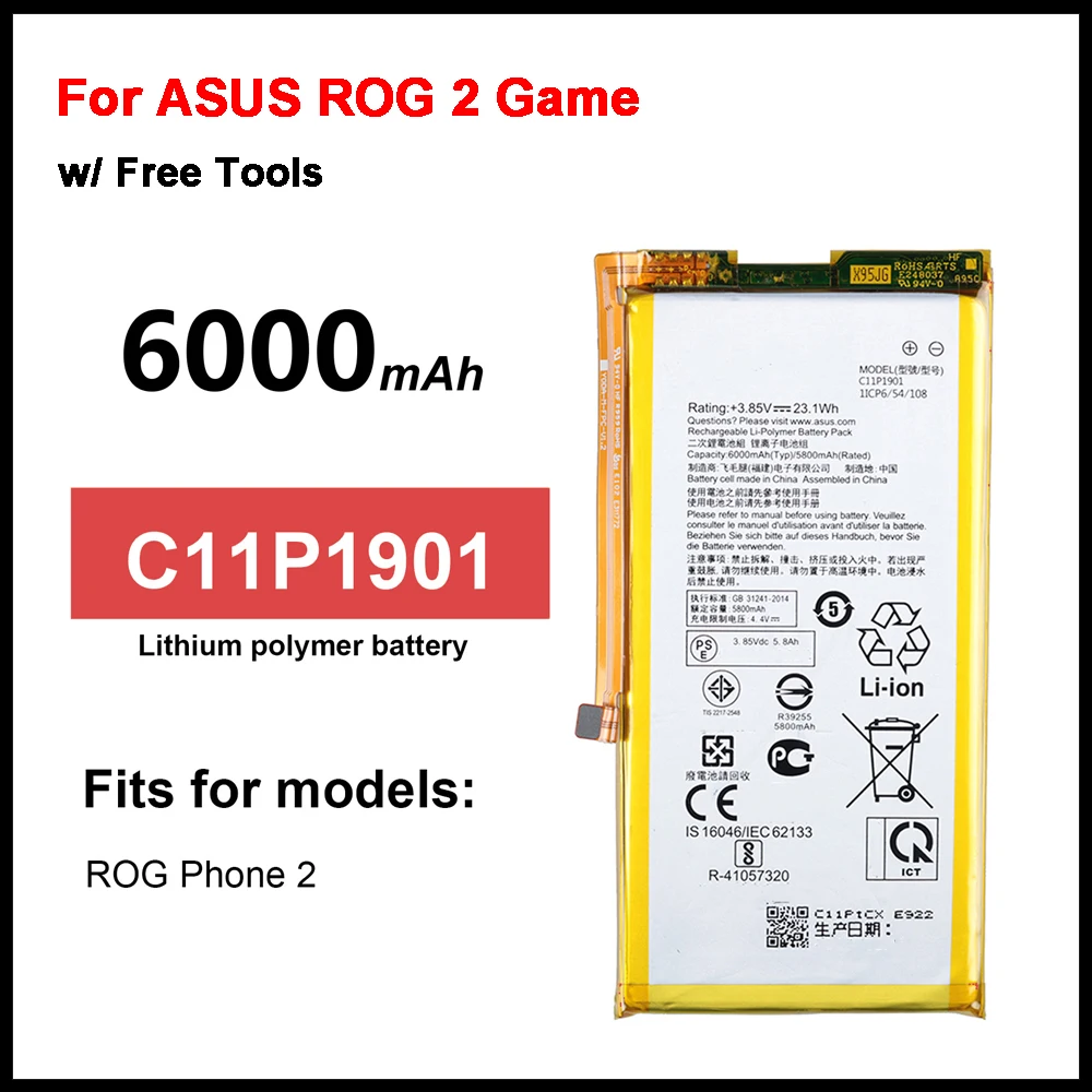 High Capacity C11P1901 ZS660KL I001DB Phone Battery For ASUS ROG 2 Game Phone 6000mAh +Tools