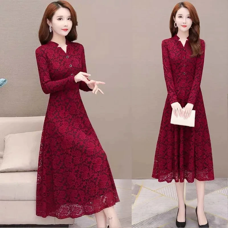 

Spring Autumn Women Lace Dress New Long Sleeve Loose Large Size Dress Lady Winter Add Velvet Elegant Long Maxi Party Vestido 5XL