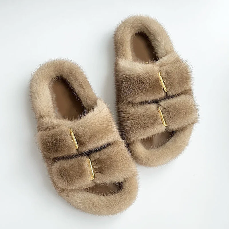 2024 New Women Slippers Fashion Stitching Contrast Color Real Mink Fur Outdoor Shoes For Women Round Head Flat Slides Slippers