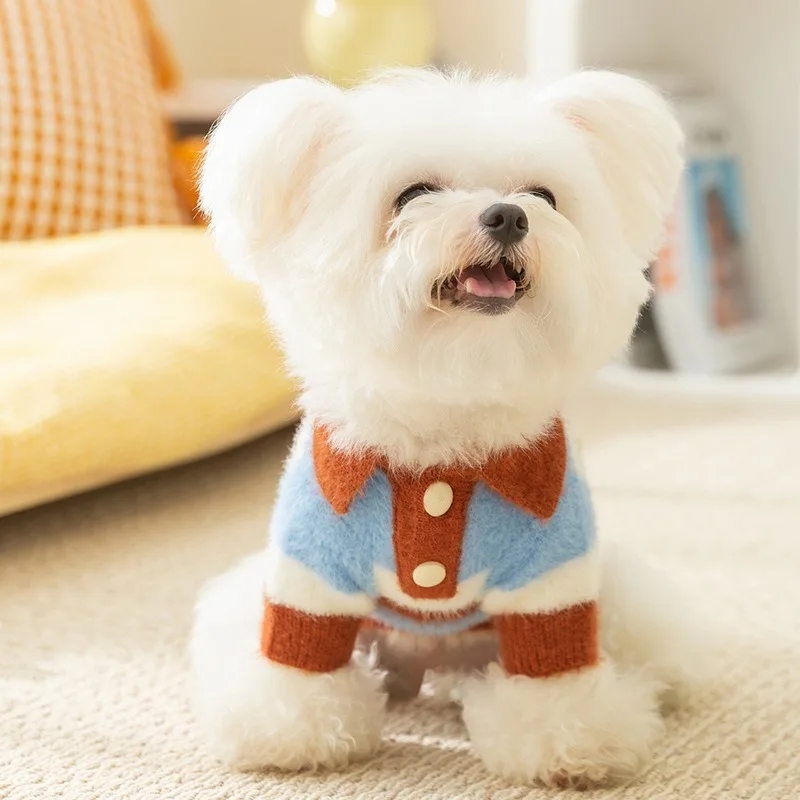 Winter Dog Clothes Thickened Warm Sweater Teddy Striped Knit Bikini Bear Coldproof Two Legs Clothes Pet Supplies