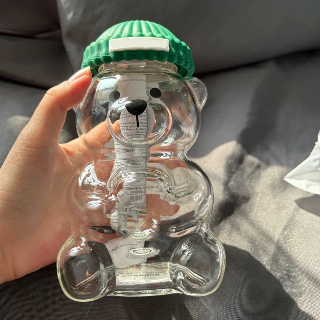 

Hot selling cute bear glass cup, green lid striped straw, transparent animal beverage popular container cup for juice coffee