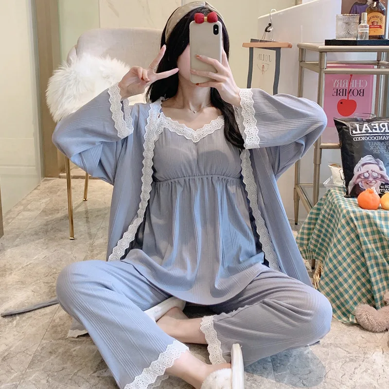 3Pcs/Set 100% Cotton Pregnancy Pajamas Long Sleeve Sleepwear Suit Spring Autumn Nursing Pregnant Woman Breast Feeding