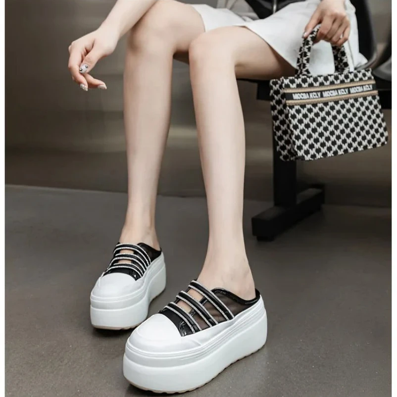 

2025 8 см удобные тапочки на танкетке из натуральной кожи с воздушной сеткой, высококачественная брендовая дышащая летняя повседневная обувь на танкетке на платформе