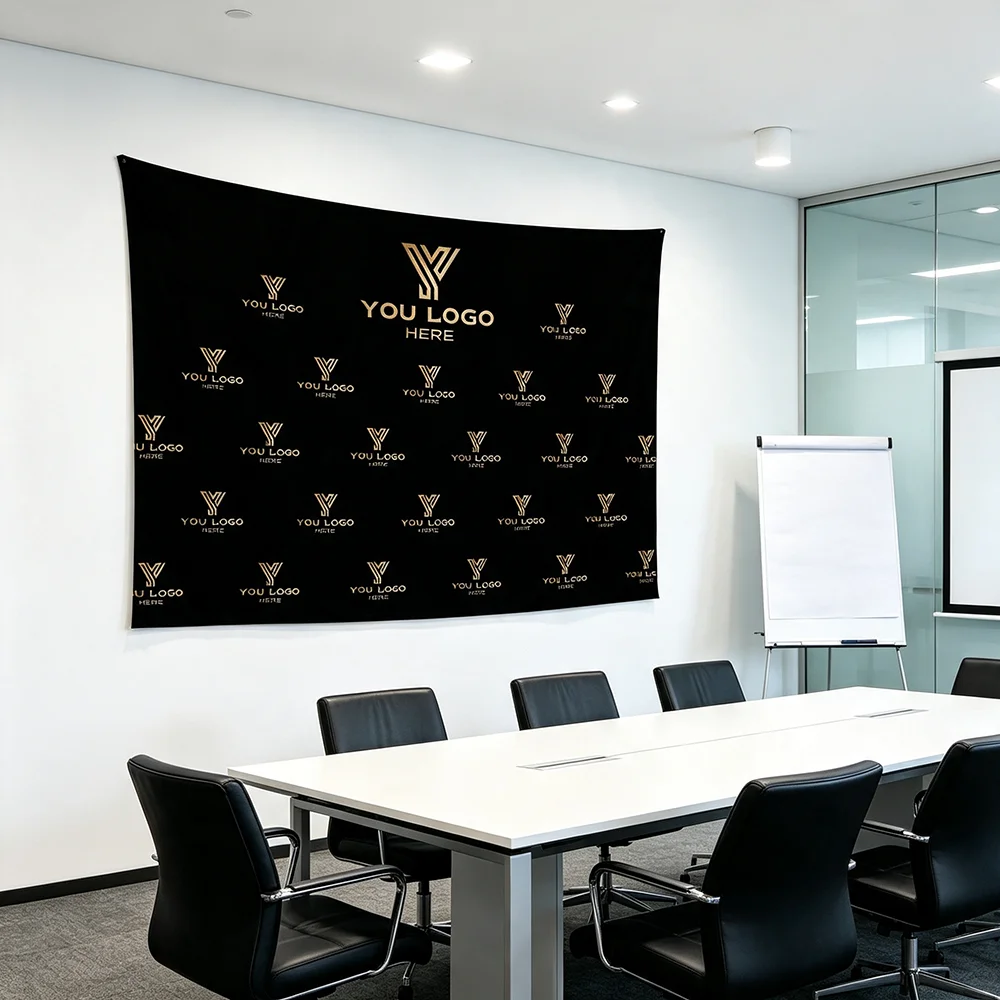 1PC Custom Black Gold Logo Tapestry Personalized Brand Image Repeating Pattern Wall Hanging Business Office Event Backdrop Decor
