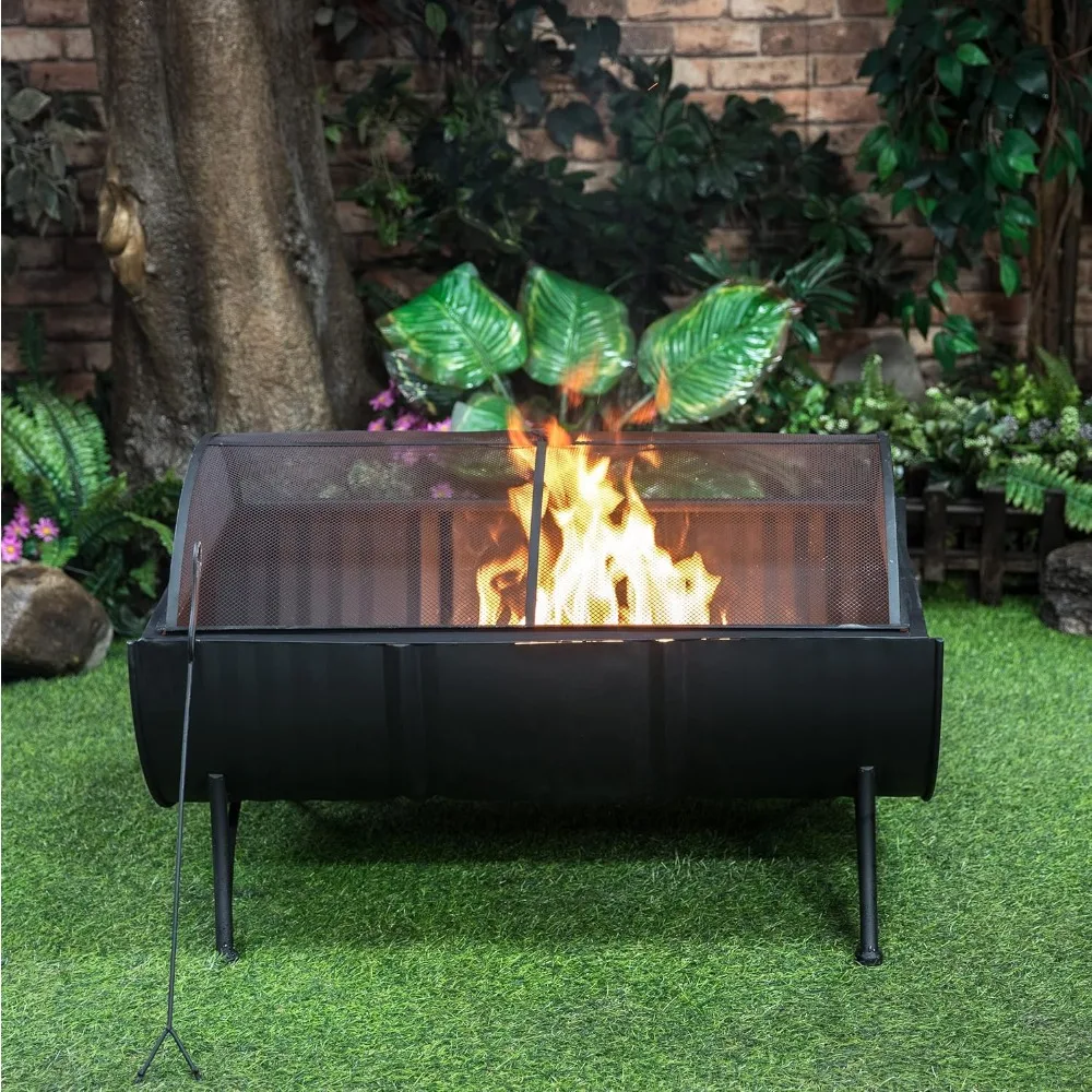 

35-Inch Large Oval Barrel Wood Burner Firepit Patio Firebowl for Outside Use - Outdoor Wood Burning Fire Pit with Spark Screen a