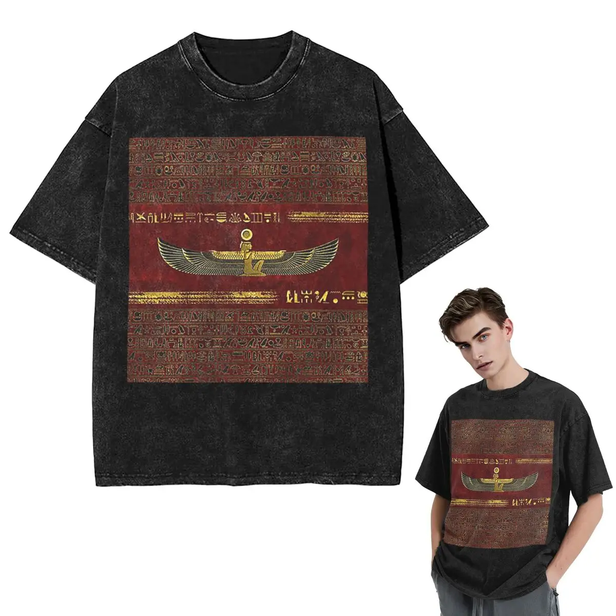 Streetwear T-Shirts Golden Egyptian God Ornament On Red Leather Washed T Shirt Short Sleeve Hip Hop T-Shirt Tops Tees Men Women