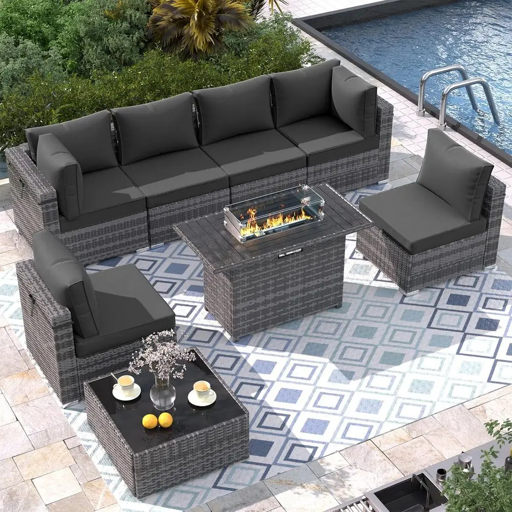 

Стол для костра 43 Fire Pit Table с 8-местным комплектом уличной секционной мебели, из прочного ротанга, с водонепроницаемыми чехлами