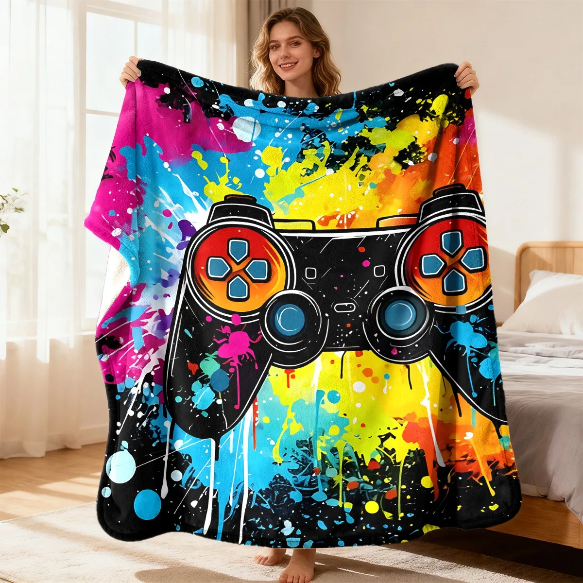 Vibrant Retro Gaming Throw Blanket 150x200cm Pop Art Controller Design Cozy Couch Living Room Decor