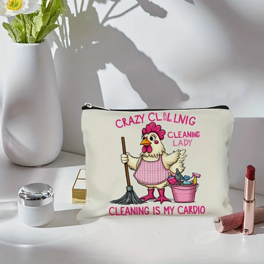 Un sac à cosmétiques imprimé Crazy Cleaning Lady – sac multifonctionnel à fermeture éclair, sac de rangement de bijoux, petit rangement à fermeture éclair de voyage parfait