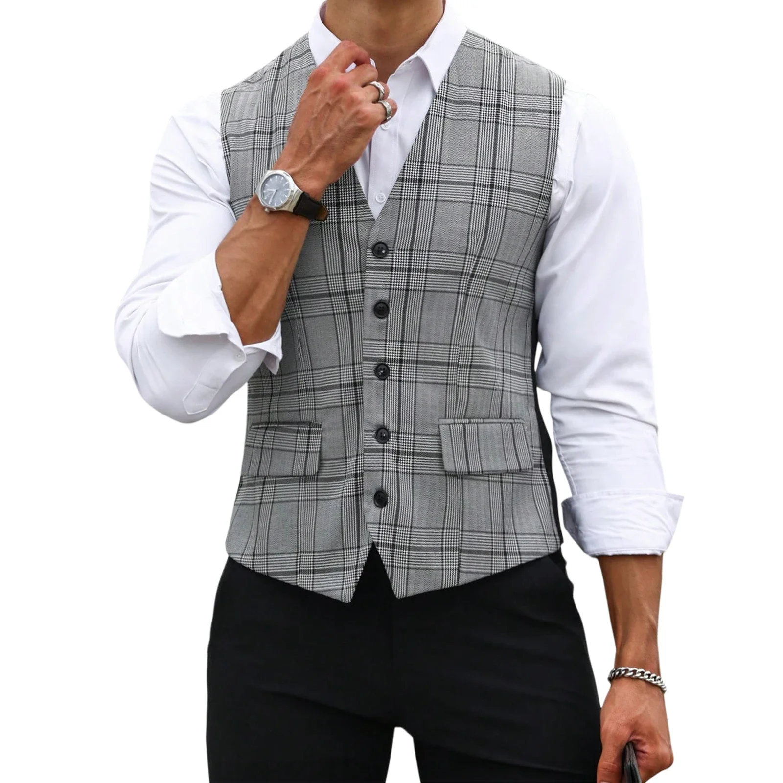 Men Grey Plaid Suit Vest Slim Fit V Neck Single Breasted Waistcoat Formal Business Wedding Sleeveless Jacket With Adjustable