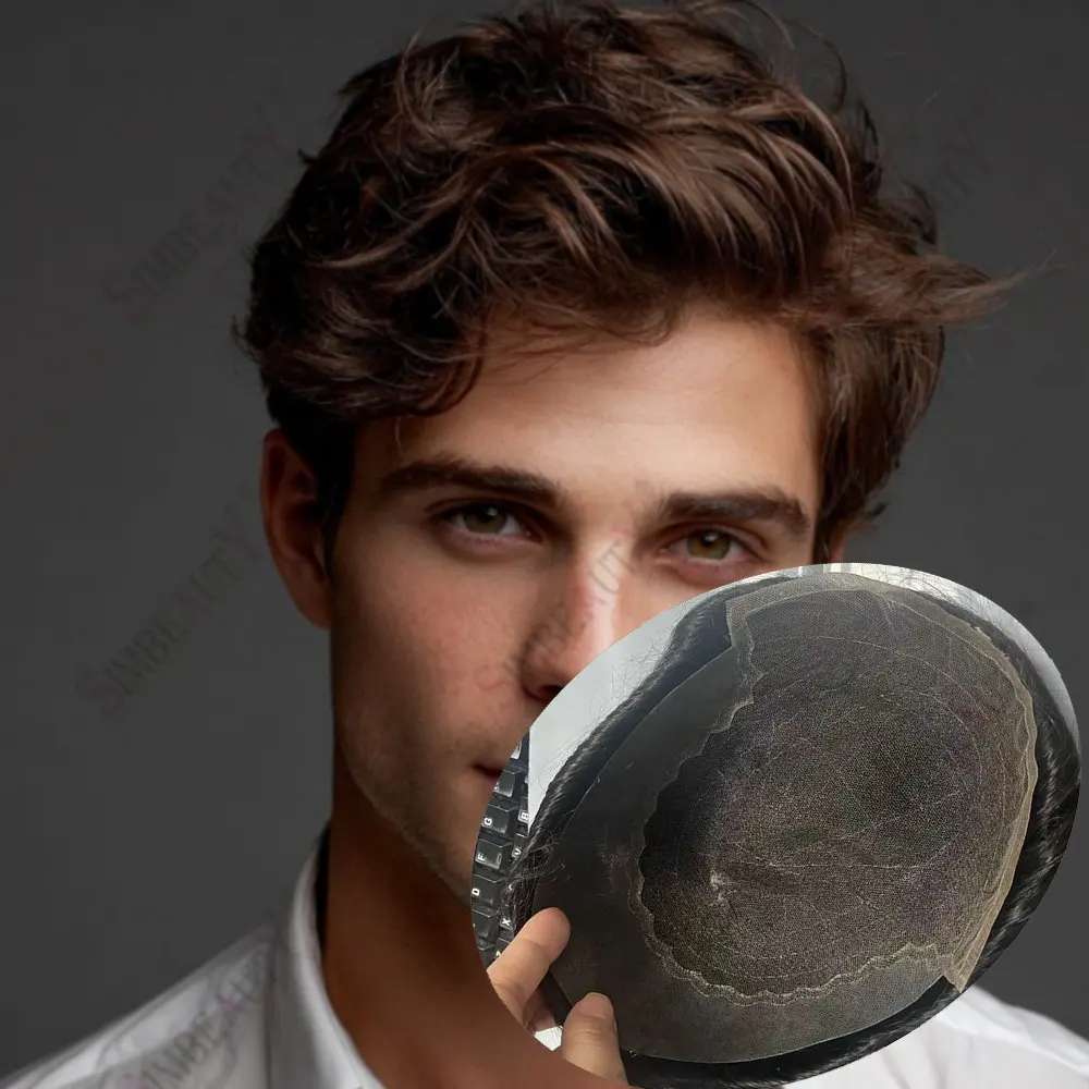 

Мужской парик Q6 из натуральных европейских волос на швейцарской кружевной основе, система замещения волос, коричневый 1b80, серый, черный, протез для волос