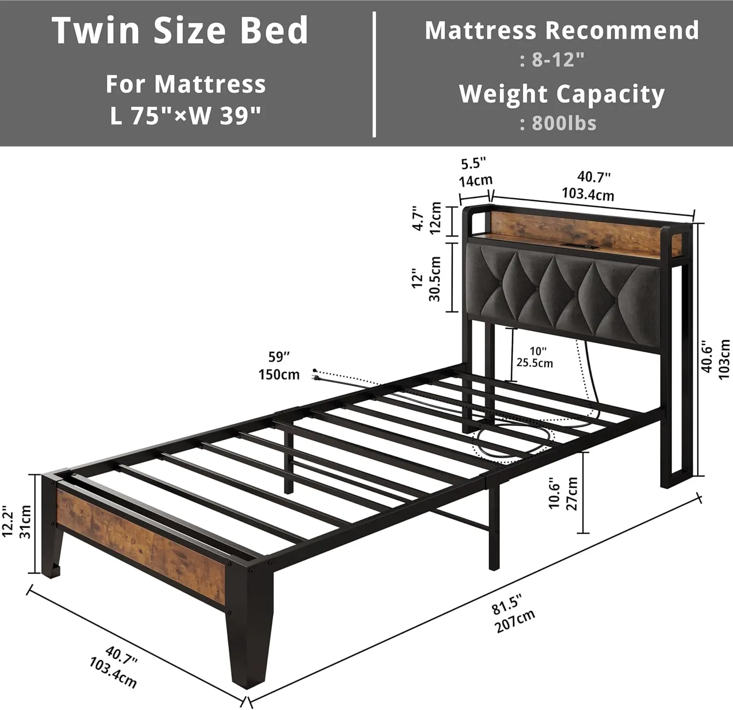 Dubbel Bedframe, Opslag Hoofdeinde Met Stopcontact, Eenvoudig Te Installeren, Stevig En Stabiel, Ruisvrij, Geen Veerbox Nodig