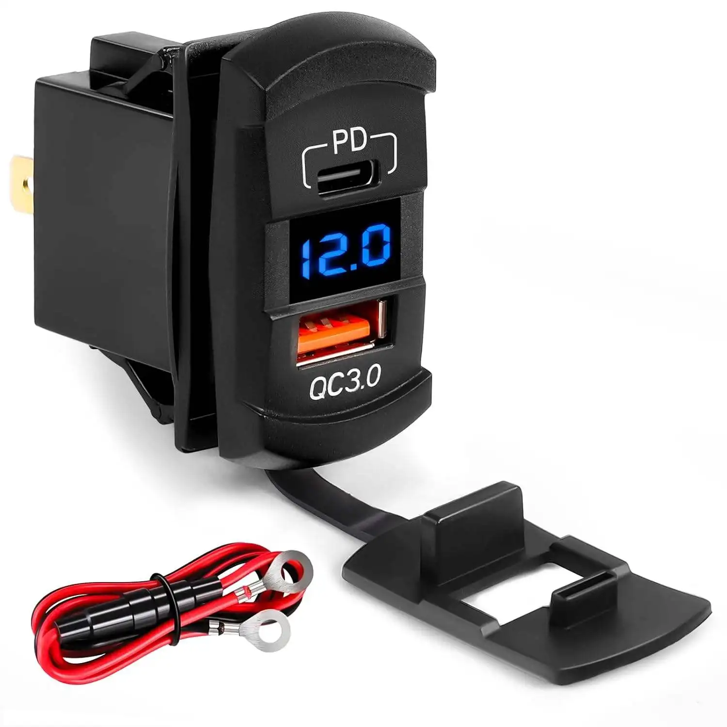 Rocker Switch Style USB Charger LED Voltmeter Quick Charge 12V PD Type C and USB QC 3.0 Car Charger for Rocker Switch Panel