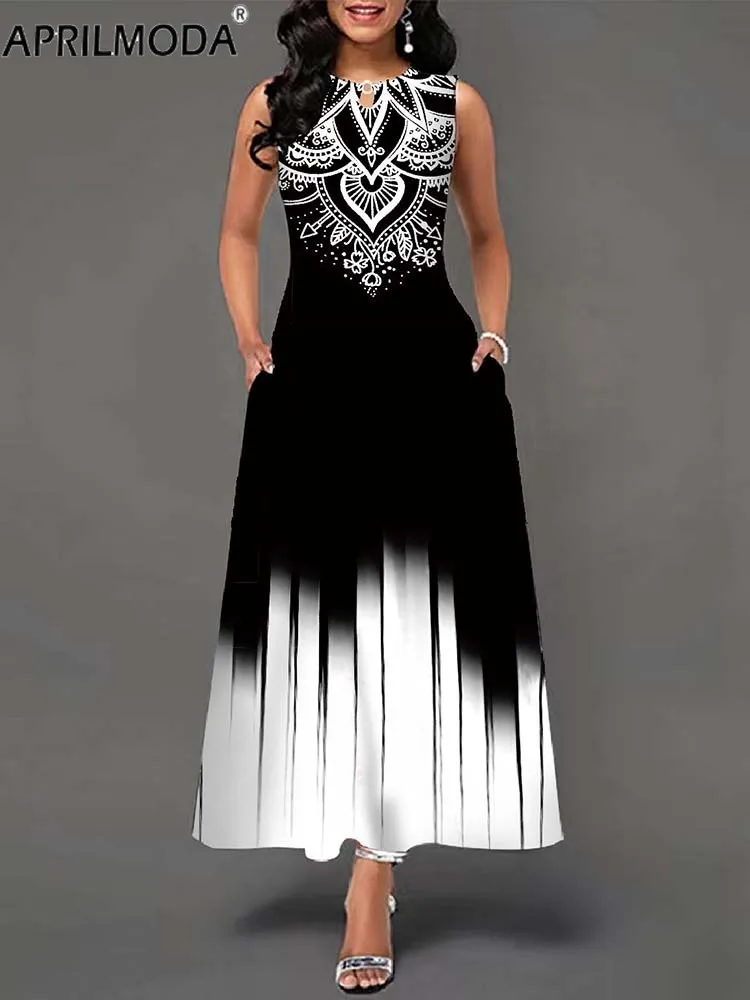 2024 Vintage Summer Boho Long Dresses Women A Line Swing Robe Elegant Sleeveless Casual Floral Print Beach Party Maxi Dress