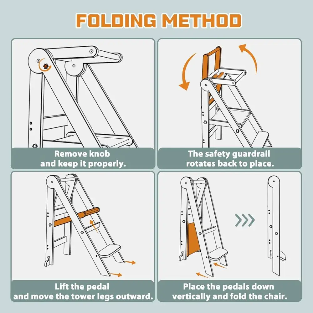 Foldable Wooden Toddler Kitchen Helper Stool, 3-Height Adjustable, Collapsible Safety Seat for Kids - Nature-Tone