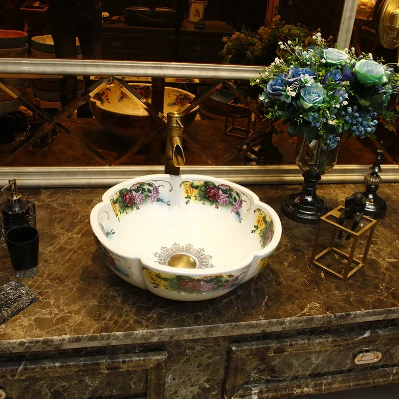 

Mediterranean countertop basin Ceramic art European wash basin Bathroom washbasin Petal-shaped washbasin
