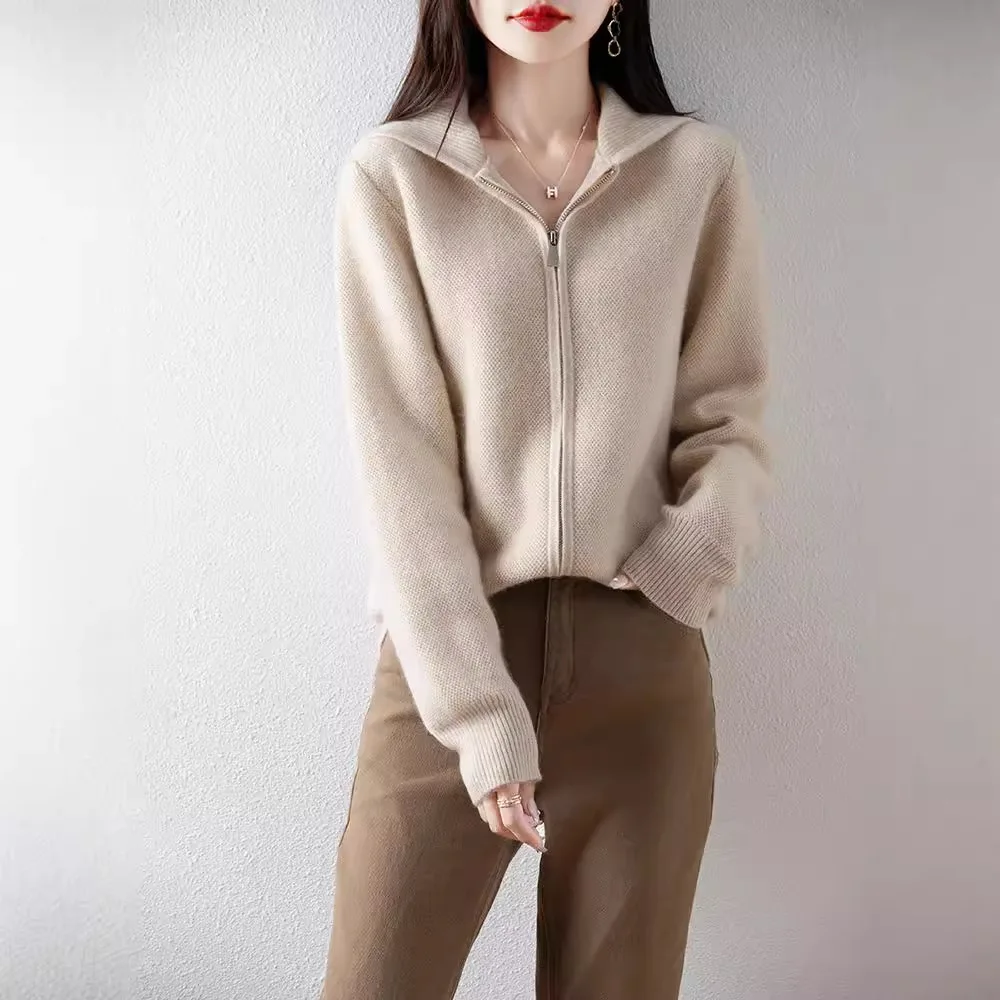 2024 Autumn/Winter New 100% Pure Wool Knitted Zipper cardigan Mafengwo Women's Four Flat Thick Sweater