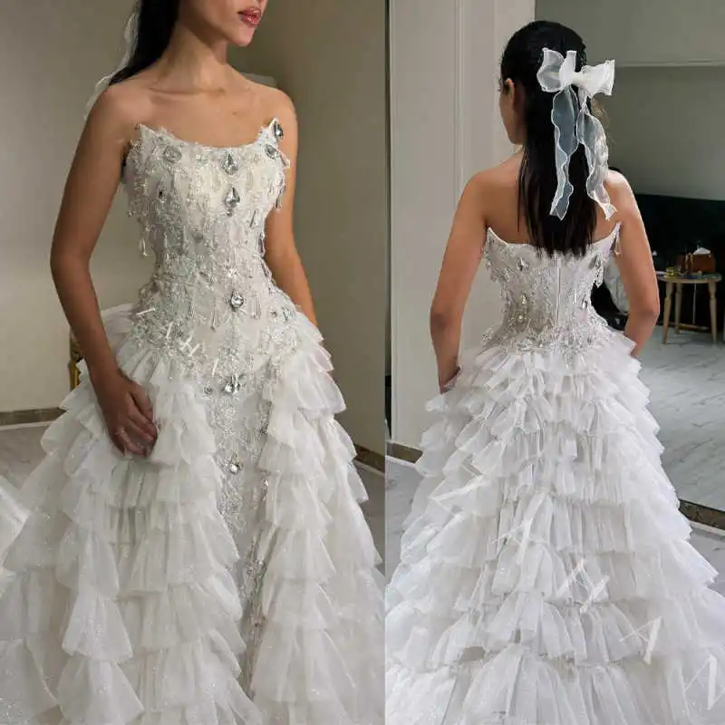 

Белое платье трапециевидной формы, свадебные платья без бретелек, кружевные свадебные платья, большой размер с многослойными индивидуальными платьями de novia