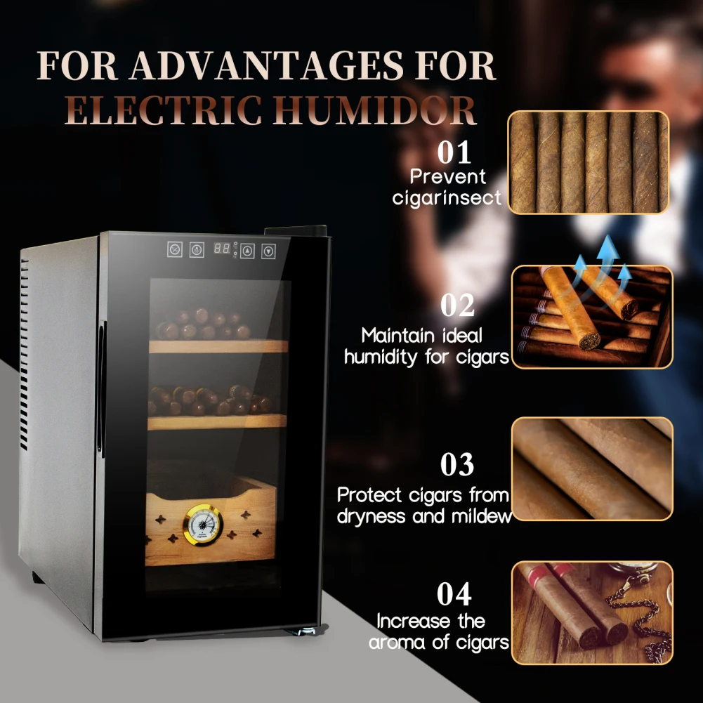 

25L Electric Humidor LED Lighted Temperature Adjustable 150 Counts Cigar Cabinet With Spanish Cedar Shelves For Gifts