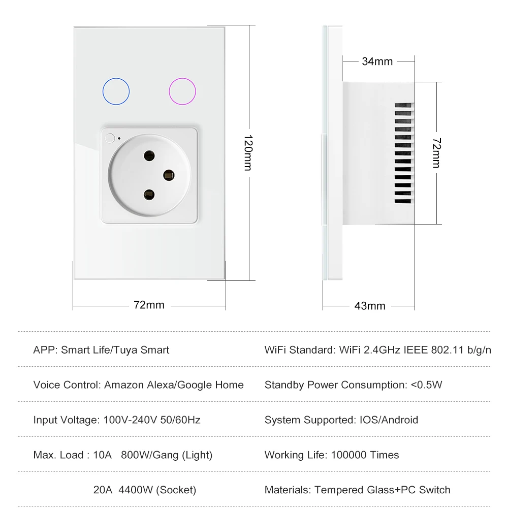 AVATTO Israel Stand Tuya WiFi/Zigbee Wall Light Switch with Socket,Smart Life App Remote Control,Works With Alexa Google Home.