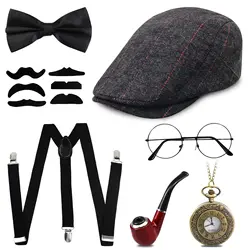 1920s Gatsby Costume Set for Men Elastic Suspenders Bow Tie Vintage Pocket Watch & Moustaches Set for Dress up Cosplay Party