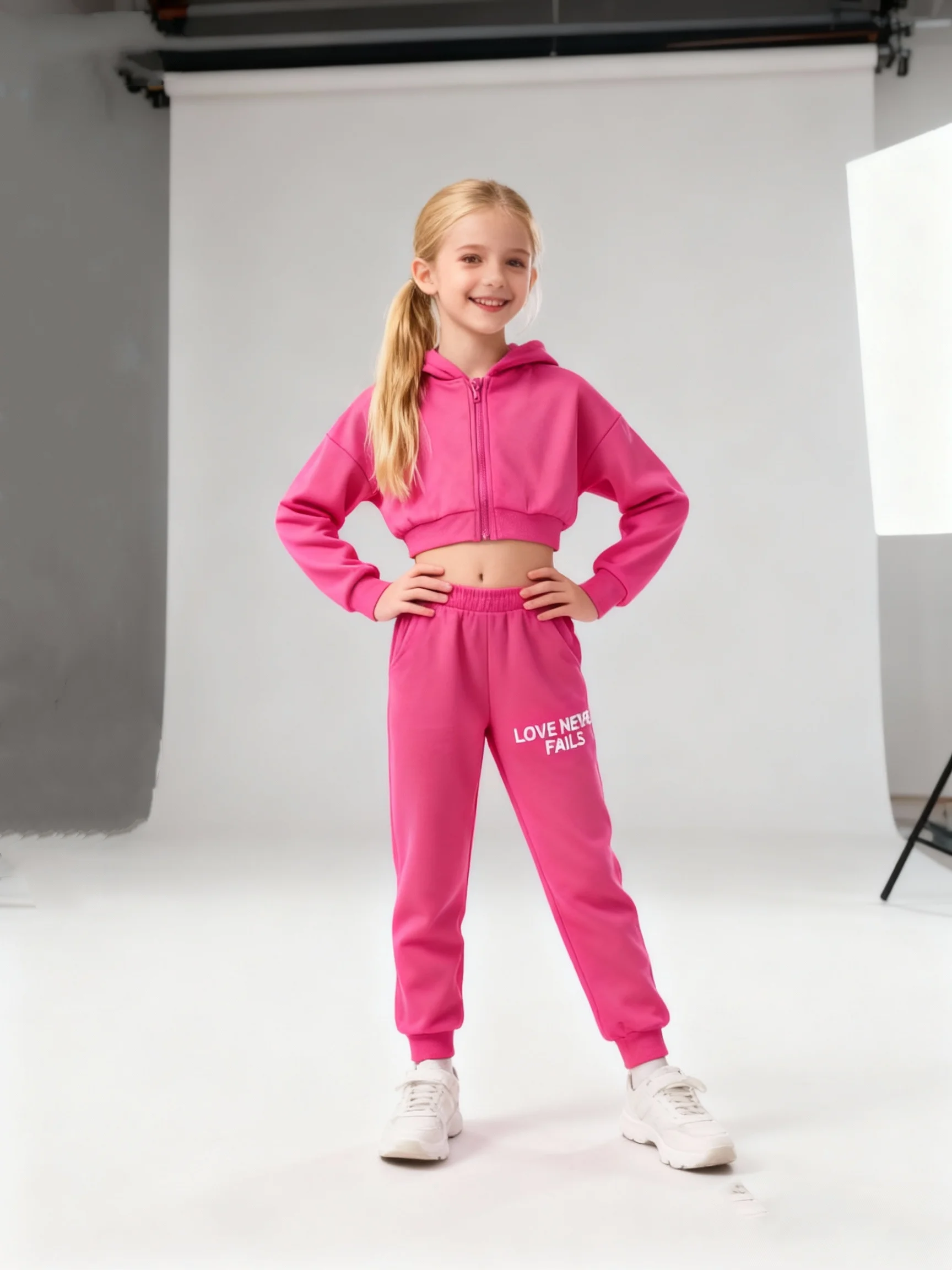 

Two Piece Spring And Autumn Girls' Long Sleeved Letter Printed Zipper Hooded Sweatshirt Casual Pants Fashionable Set