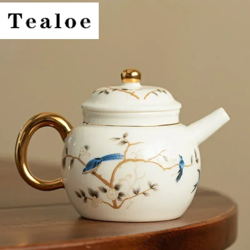 Suet Jade Porcelain Chinese Kettle Birds Teapot Tree Tea Ceremony Set Milk Oolong Tea Tie Guan Yin Golden Teaware Type