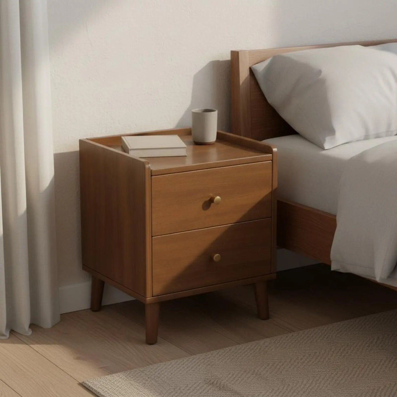 Narrow Nightstand with Shelf Sturdy Wood Legs Wooden Bedside Cabinet 2 Drawer Bedside Table Rounded Corners for Living Room