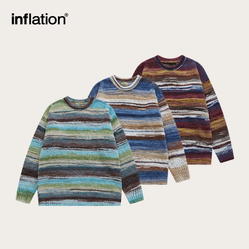 

INFLATION Colorful Stripe Crewneck Pullovers Unisex Winter Warm Knitwear Sweaters Mens Jumpers