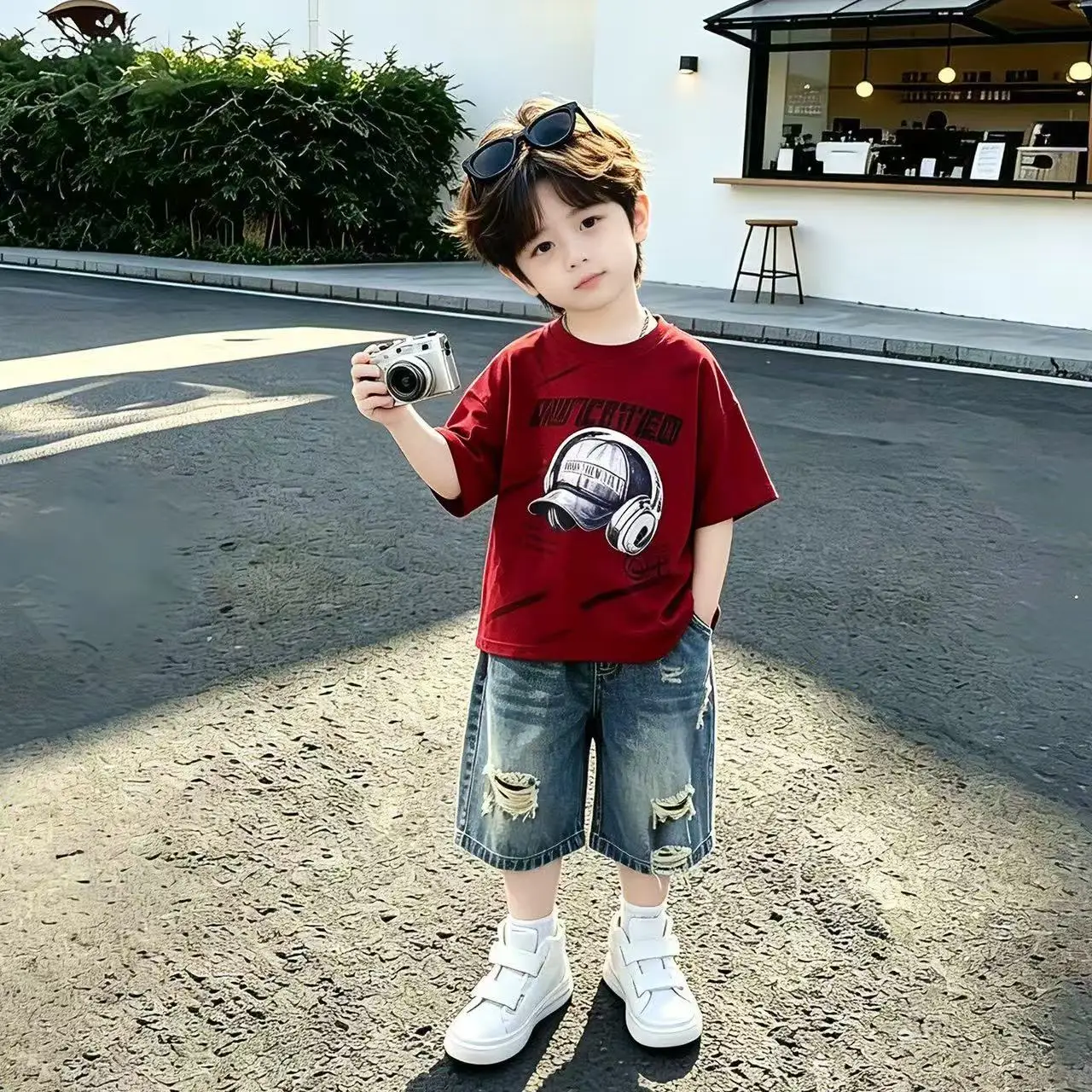 Tide Cool Korean Fashion Hat Pattern Short Sleeve Shirt+Pole Jean Short 2pcs Set Baby Boys Clothes Kids Street Explosion Outfits
