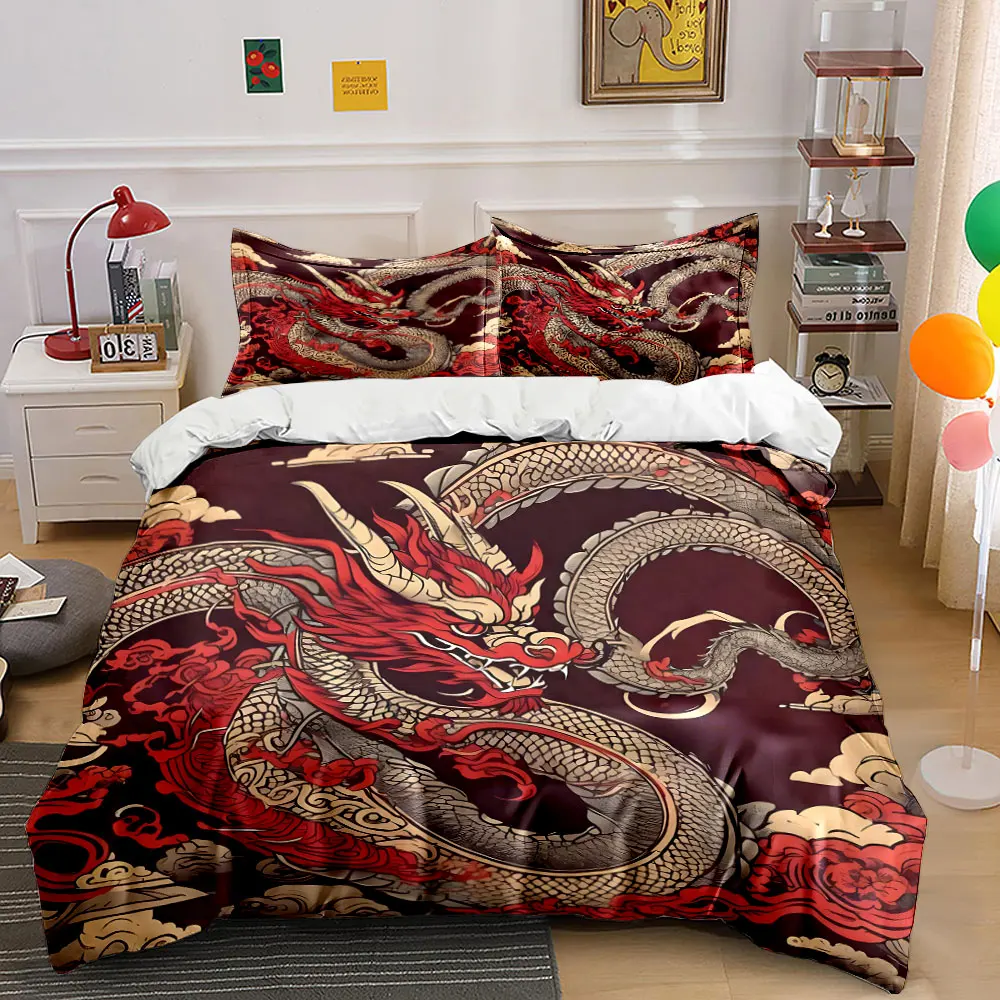 Chinese-style red dragon clouds Bedding Set for Kids Luxury Gift 3pcs Digital Print Comforter Set Soft Comfortable Breathable
