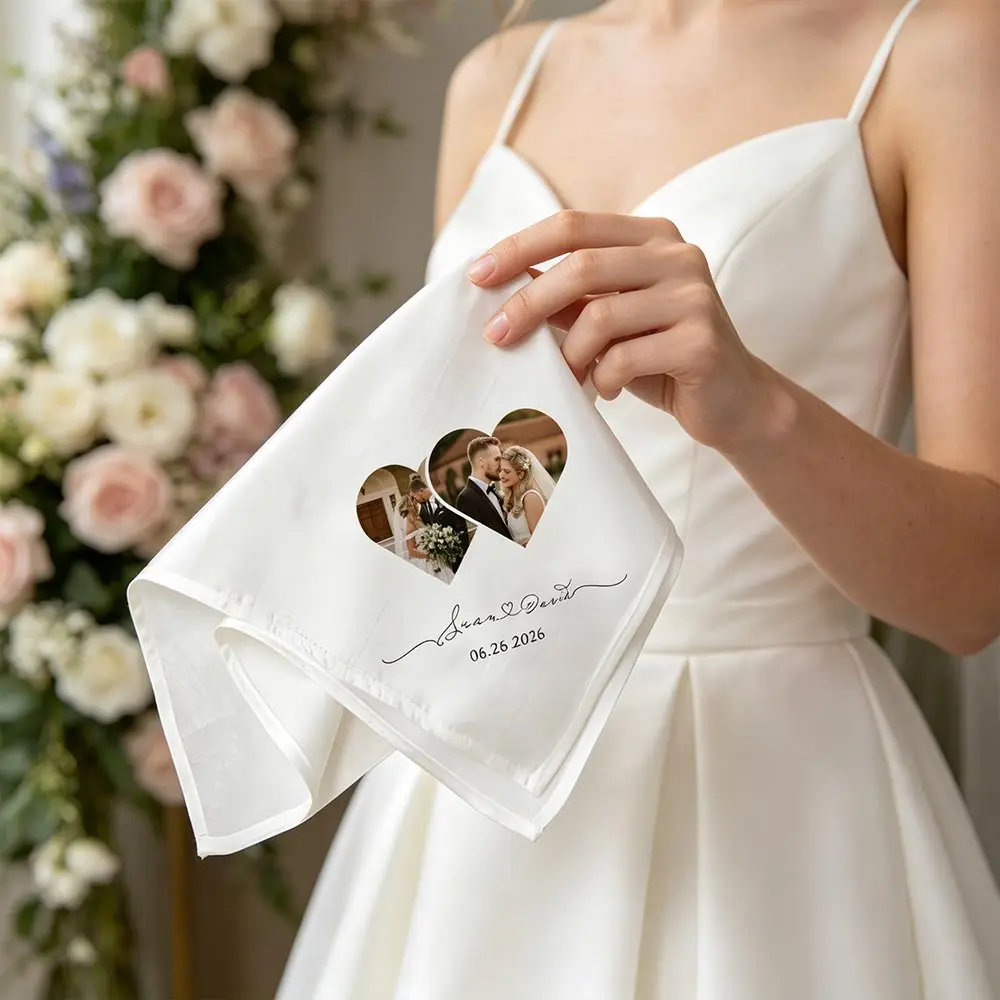 Customizable Commemorative Handkerchiefs. Perfect as a Gift for the Bride/Bridesmaid or a Romantic Keepsake for Weddings/Anniversaries, with Names and Dates Printed. Wedding Gifts for the Bride and Bridesmaids. Suitable for Wedding Anniversaries, Birthdays, Mother's Day, Graduation Ceremonies, and Is Easy to Hand Wash