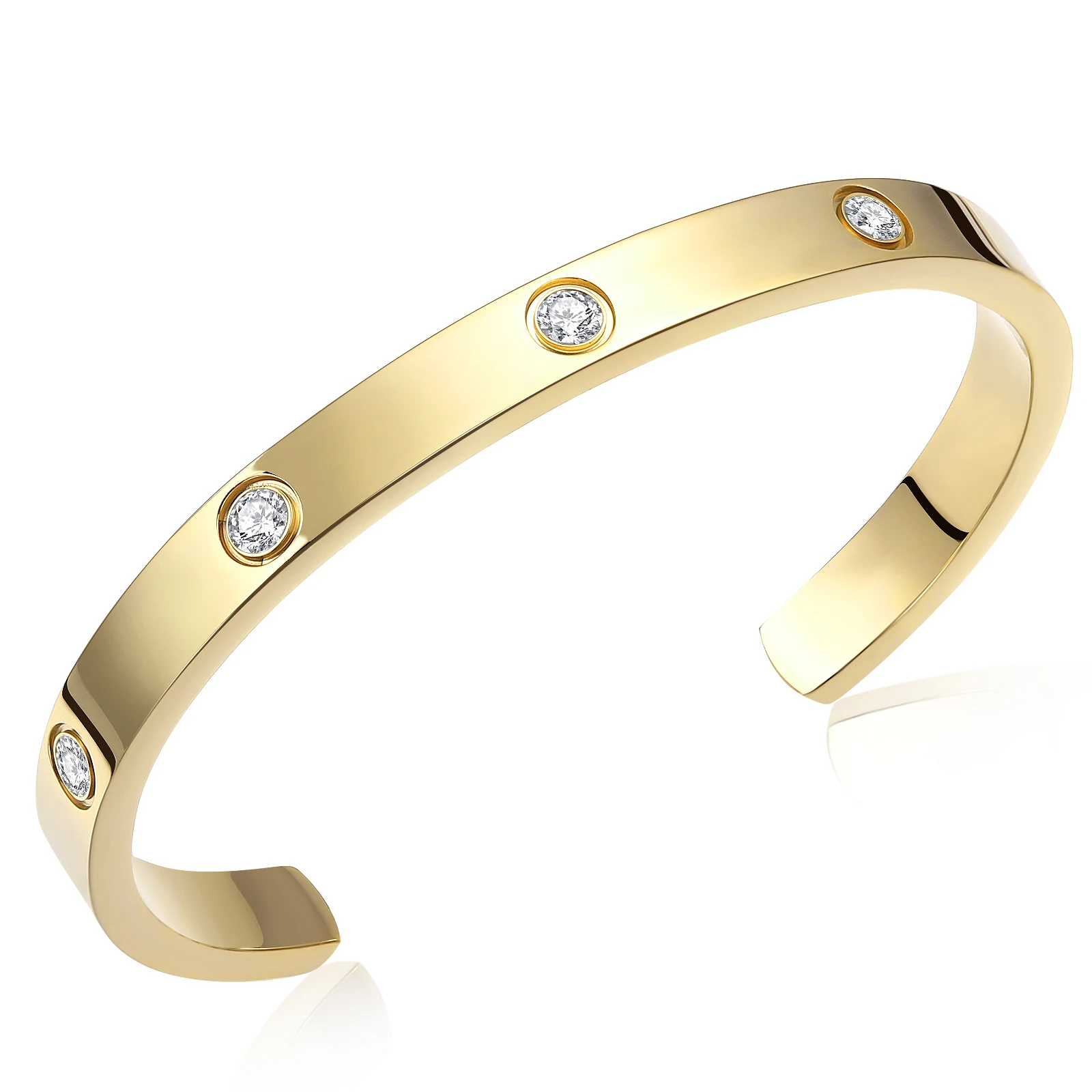 Gold Plated Bracelet with Cubic Zirconia Stones Stainless Steel Bangle Minimalist Cuff Love Charm Bracelets for Women