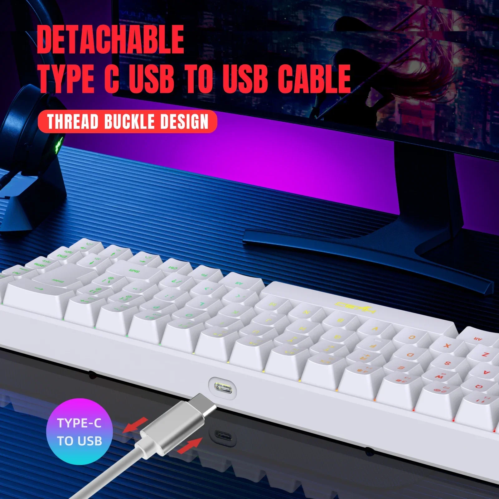 Teclado pequeño y ergonómico para juegos, miniteclado de membrana compacto RGB retroiluminado para Windows, PC, portátil y juegos, 60% %