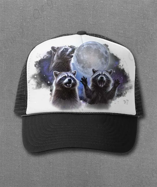 Raccoon Moon Trucker Hat - Howling at the Moon, Funny Cursed Gifts for Girlfriend and Boyfriend, Cute Baseball Caps for Women