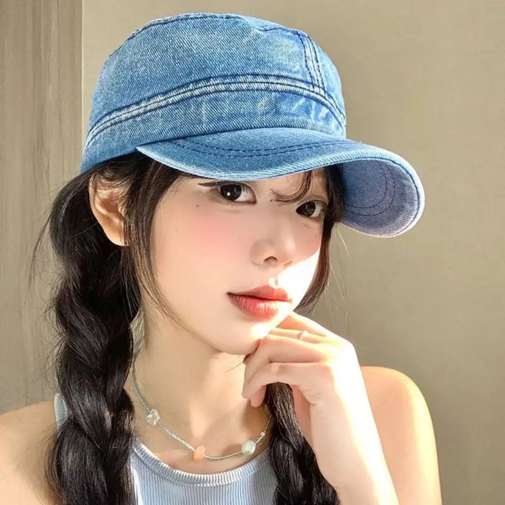 

Korean Vintage Peaked Cap Flat Top Demin Baseball Hat Streetwear Visor Cadet Cap Hiking