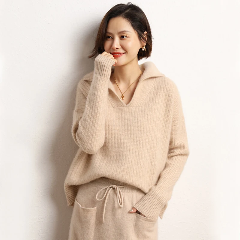 2023 Autumn Winter 100% Cashmere Sweater Turn-down Collar Knit Pullover Women\'s High Quality Soft Female Loose Large Size Jumper