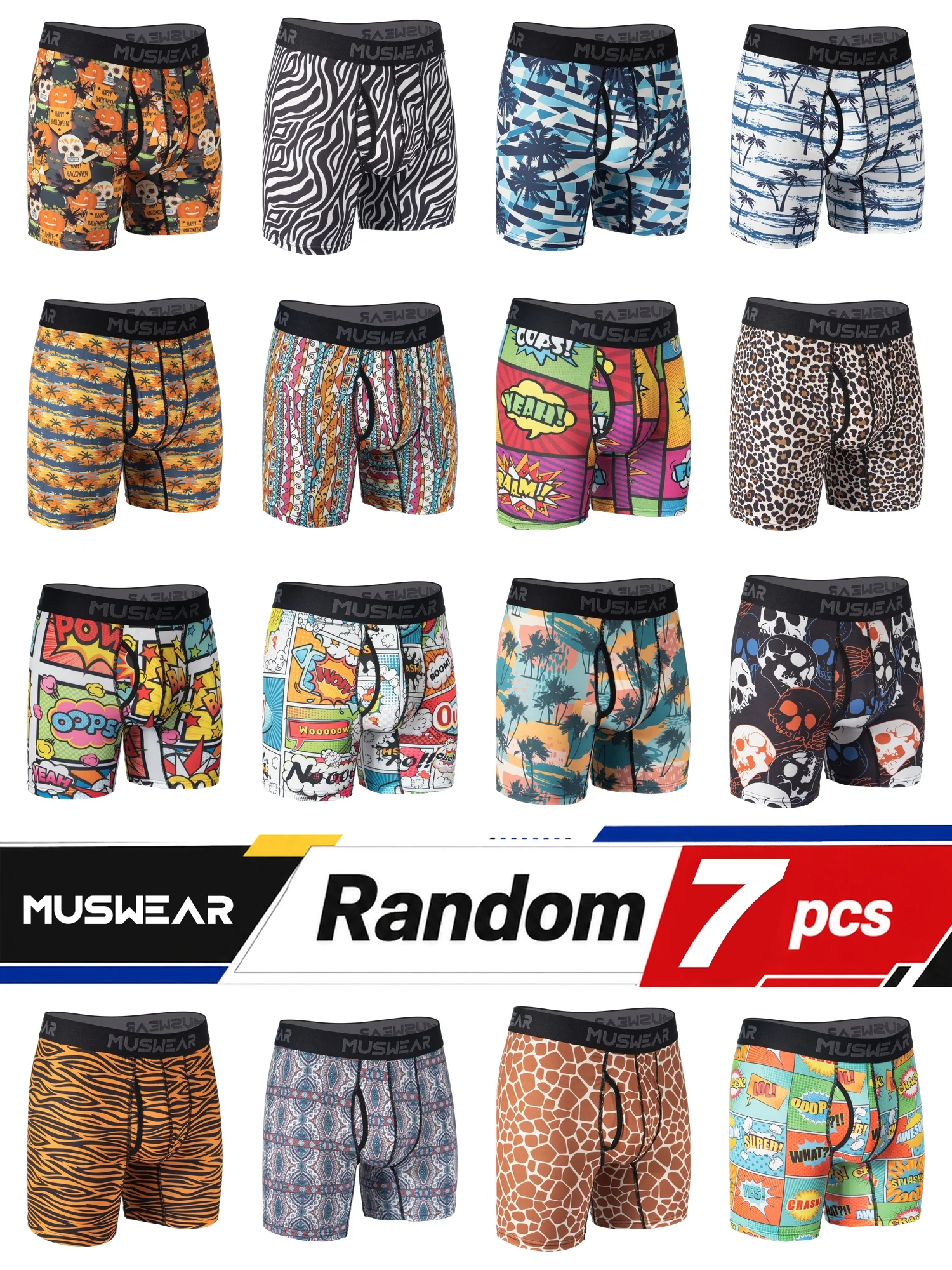 MUSWEAR 7pcs Men's Boxer Briefs Double-Sided Brushed High Elasticity Quick-Drying Side Opening All-over Print Wide Waistband