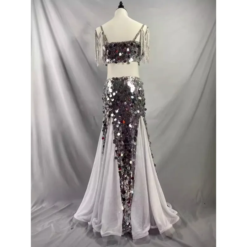 맞춤형 밸리 댄스 의상 화이트 다이아몬드 드레스 공연 의상 오리엔탈 댄스 키즈 성인 술 스팽글 브래지어와 롱 스커트
