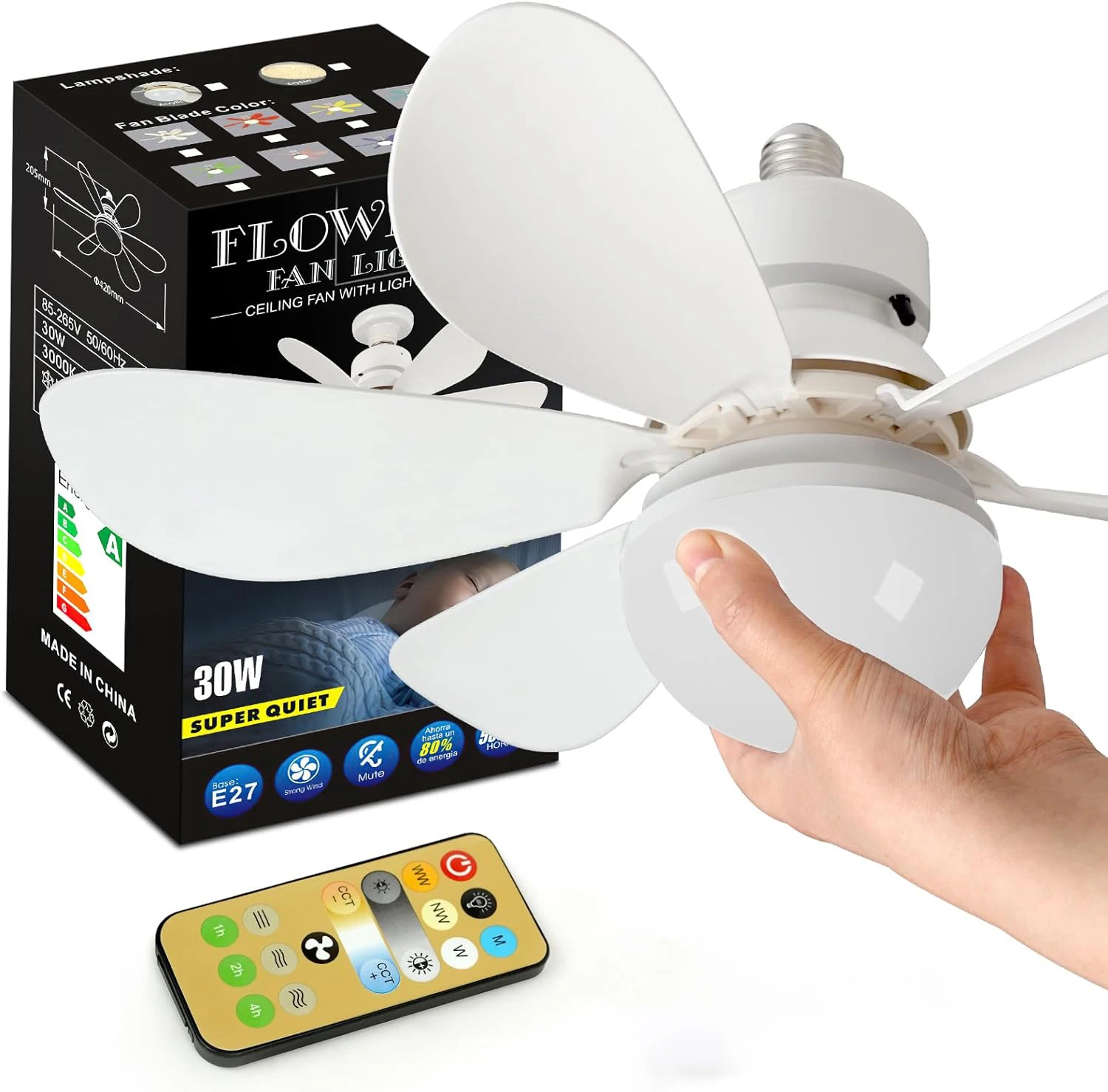 

LED 30W ceiling fan light E27 with remote control for dimming, suitable for living room, study, household use, 85-265V bulb