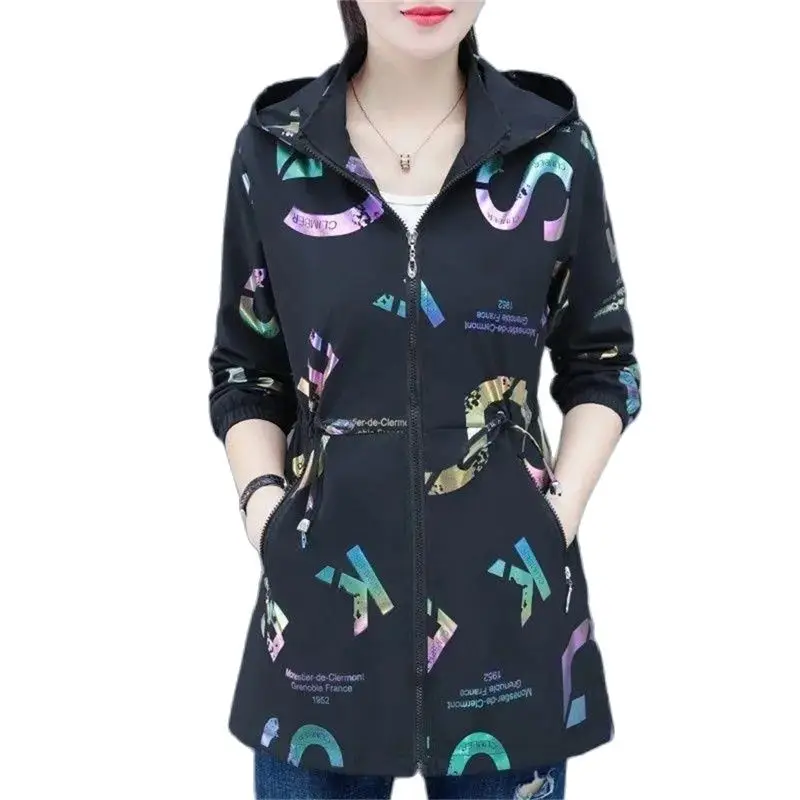 Lining HoodedTrench Coat Women's Spring And Autumn Mid-Long Coat Women's Fashionable Printed Glossy outerwear Simple basic Coat