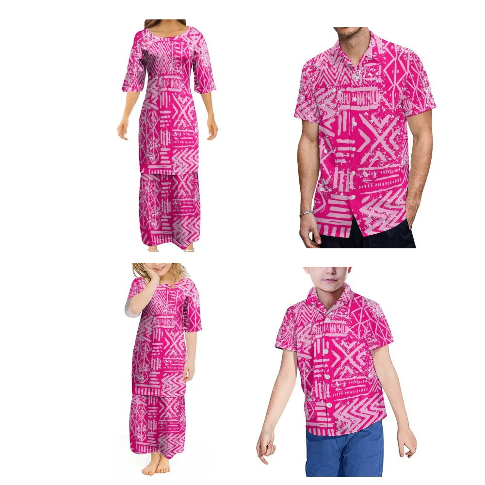 Samoa Island Club Family Party Dress Custom Adult Children Summer Short Sleeve Set Puletasi Long Skirt Shirt Polynesian Style