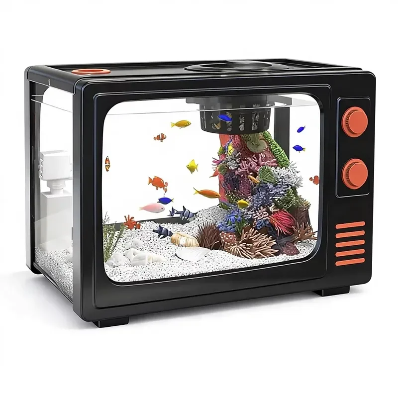 Retro TV Shaped Fish Tank 2.5 Gallon ABS Clear Aquarium Kit with LED Light Filter and Plant Holder for Betta Home Desk Decor