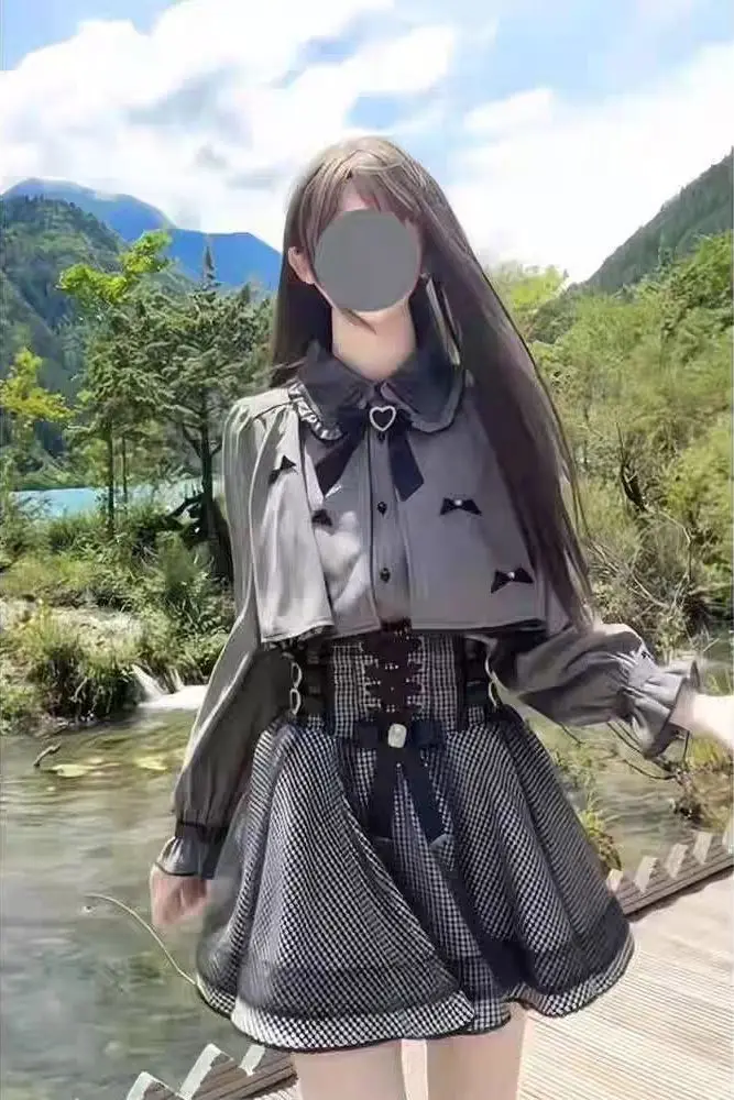 

Japan Niche Subculture Bow Long-Sleeved Shirt Top New High-Waisted Slimming Age-Reducing Skirt Two-Piece Set