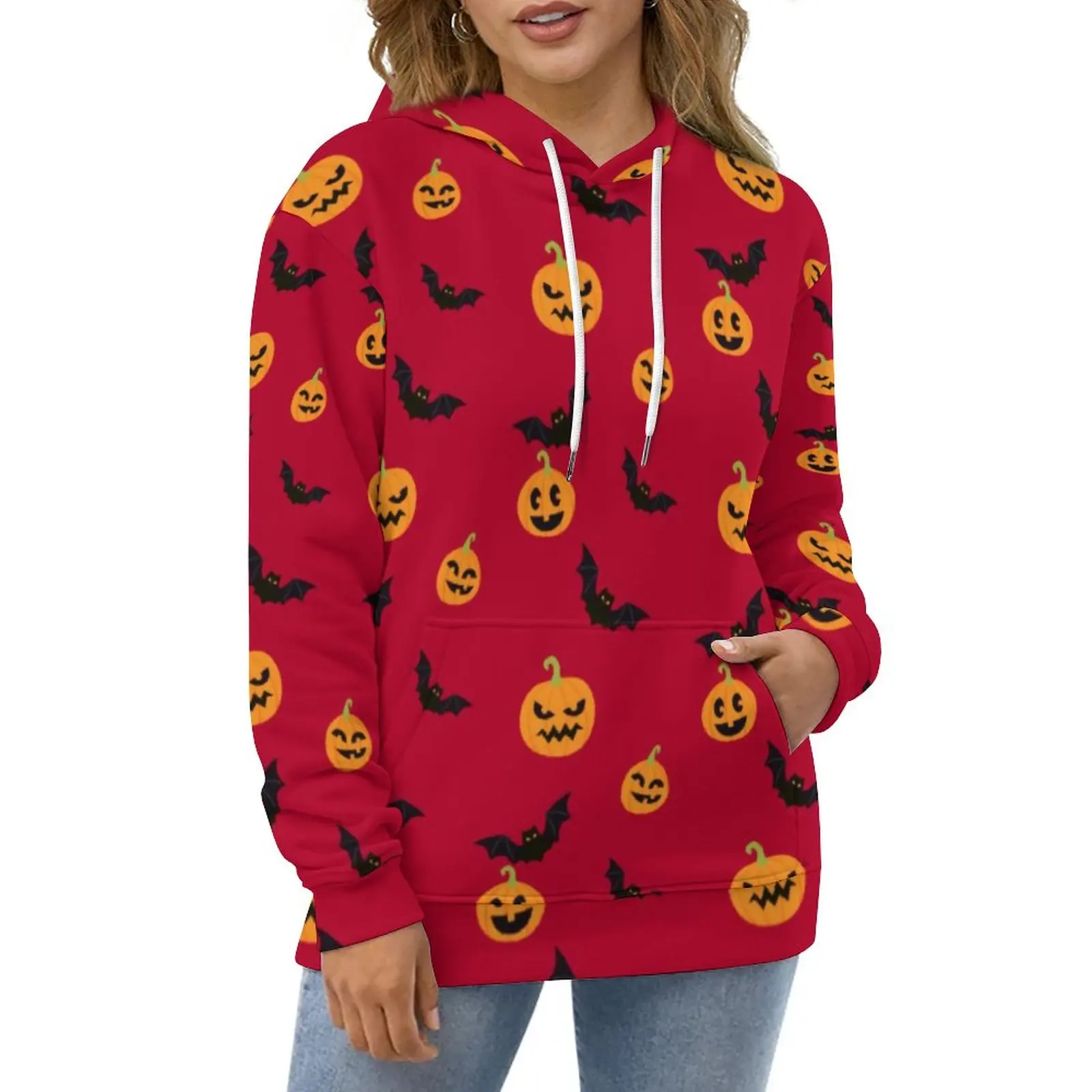 

Halloween Hoodies Spring Red Pumpkin and Bat Hip Hop Oversize Pullover Hoodie Unisex Long Sleeve Retro Casual Hooded Sweatshirts