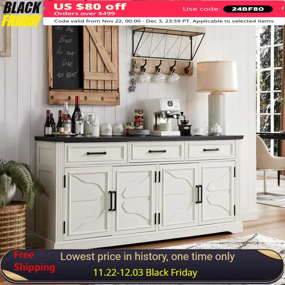 Sideboard Cabinet with 4 Doors and 3 Drawers, Sideboard Cabinet