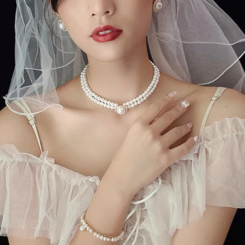 3pcs Fashion Double Layer Pearl Pendant Necklace Earrings Jewelry Set Ladies Banquet Wedding Jewelry Accessories Gift