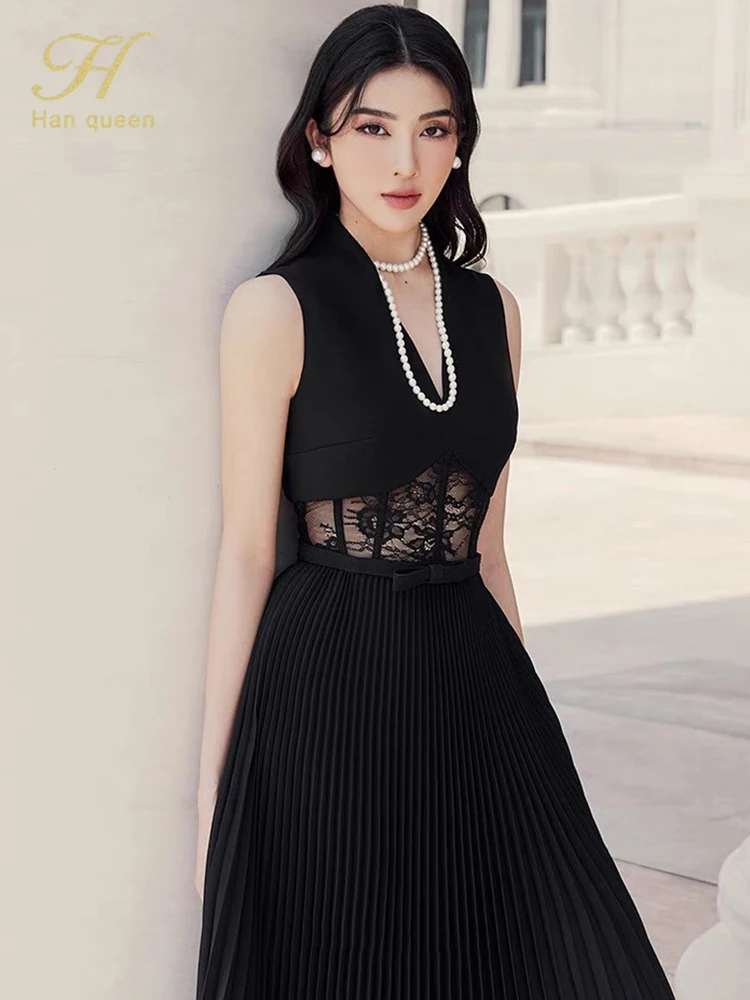 H Han Queen Elegant Lace Splicing Long Women's Summer Sheath Office Party Dresses Occupation Work A-Line Sheer Pleated Vestidos
